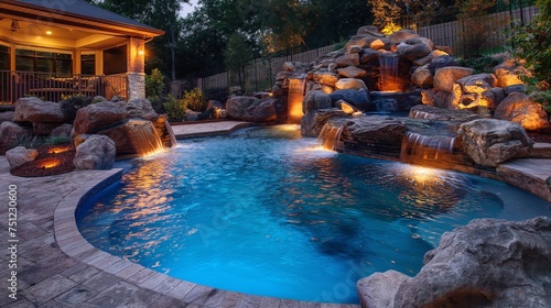 Evening elegance in a picturesque pool scene, where underwater lighting creates a captivating ambiance in this luxurious outdoor retreat © Exotic Graphics