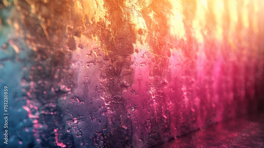 Colorful abstract background with water drops on a blue and pink wall. Generative AI