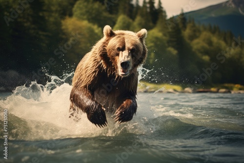 A powerful bear fishing for salmon in a wild river. coastal brown grizzly bears fishing, national park, Ai generated © Tanu
