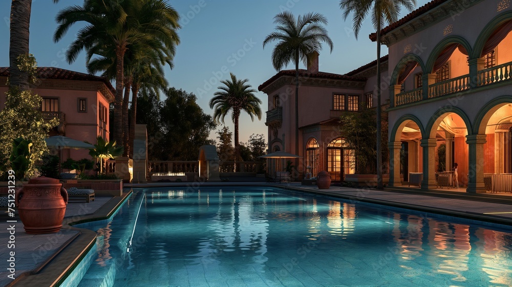 Evening enchantment unfolds in an HD image of a luxurious pool, where the warm glow of outdoor lighting enhances the opulence of the surroundings