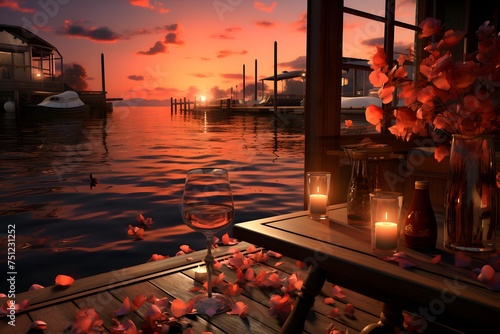Beautiful sunset over the sea with red tulip petals. #751231252