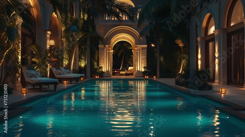 Evening opulence in a detailed image of a lavish pool surrounded by illuminated palm trees, creating a tranquil and upscale outdoor retreat © Annu's Images