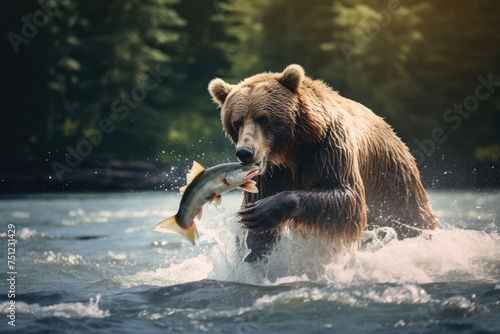 A powerful bear fishing for salmon in a wild river. Photo animal holding fish while wading in lake, Ai generated © Tanu