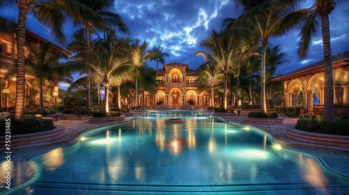 Evening opulence in a detailed image of a lavish pool surrounded by illuminated palm trees, creating a tranquil and upscale outdoor retreat © Exotic Graphics