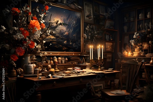 3d illustration of an old library with books  candles and flowers
