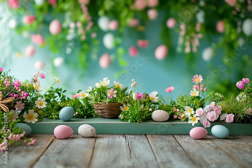 Easter backdrop for photo mini session in blue color with easter eggs and flowers photo