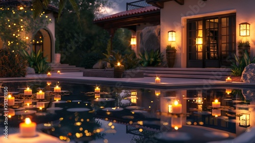 Evening tranquility captured in a high-definition image of a lavish pool, adorned with floating candles and surrounded by upscale landscaping