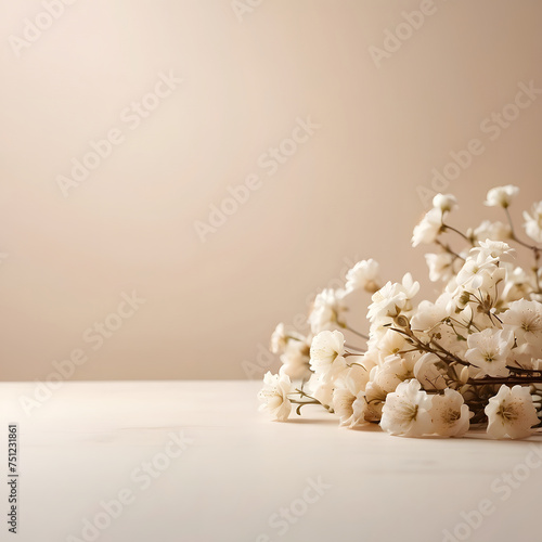bouquet of white flowers on a white table and beige background