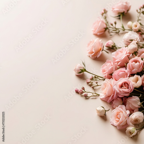 beautiful bouquet of pink roses on beige background, flat lay