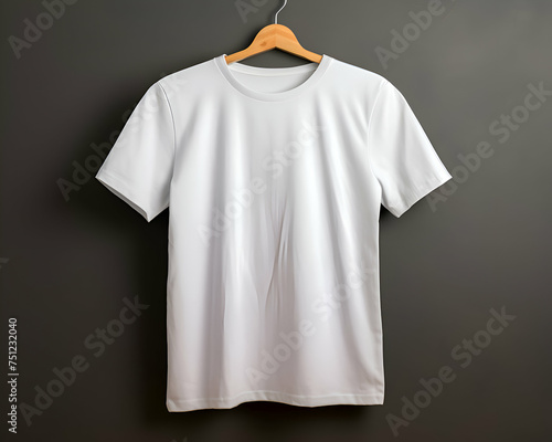 White t-shirt on hanger isolated on black background.