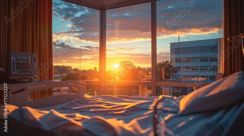 The golden rays of a setting sun fill a hospital room, casting a warm glow over the patient's bed and vital signs monitor.