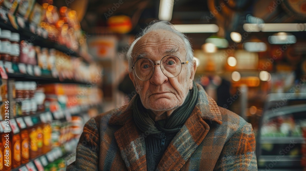 Elderly individual at a grocery store looking bewildered by the array of products, symbolizing the overwhelming choices faced by those with dementia Elderly individual at a grocery store looking bewildered by the array of products, symbolizing the overwhelming choices faced by those with dementia