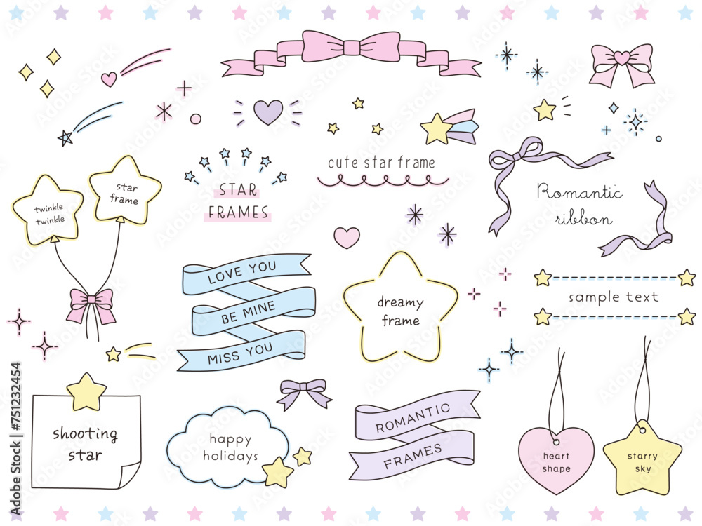 Obraz premium 手描き風のかわいいドリーミーなフレームのベクターイラストセット。星、リボン、ハート