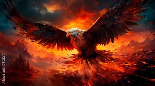 firebird flying against the background of the fire of the sunset. Generative AI
