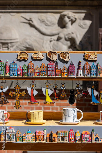 A souvenir shop on Mariacka Street with fridge magnets and cups, Gdansk, Poland