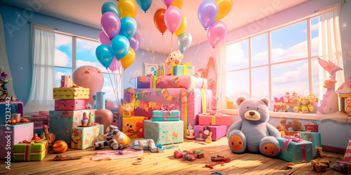 children's birthday party with cake and gifts. Generative AI © Лилия Захарчук