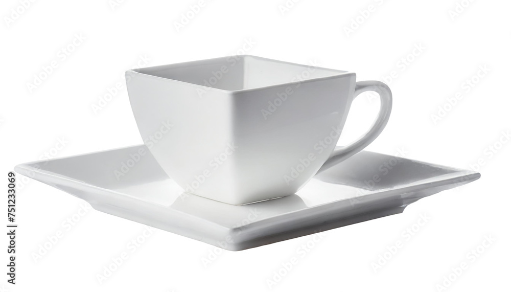 Empty white square coffee cup on saucer isolated on transparent background. Empty white square coffee cup on saucer isolated on transparent background.