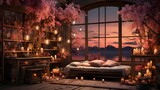 3d illustration of a beautiful room with a window overlooking the mountains