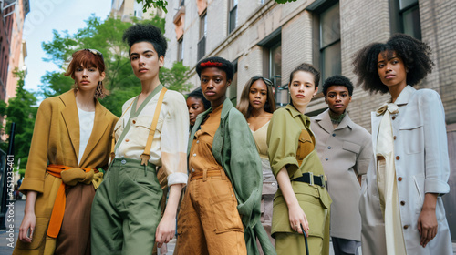 A diverse group of models showcasing eco-friendly fashion on a vibrant street corner photo