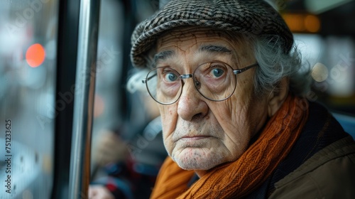 Elderly individual trying to navigate public transportation, looking confused and lost, depicting the challenges of mobility and orientation photo