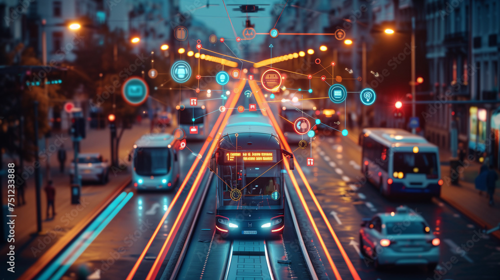 Transportation and technology concept. ITS Intelligent Transport Systems Mobility as a service. digital graphic icons, AI Artificial intelligence transport in a modern city evening