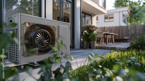 air source heat pump unit installed outdoors at home in the Netherlands, warmte pomp, translation air source heat pump, airco for warming and cooling, green label energy transition
