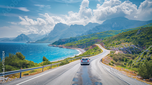 car driving on the road of Europe. road landscape in summer. it's nice to drive on the beachside highway. in Europe, winding ocean road