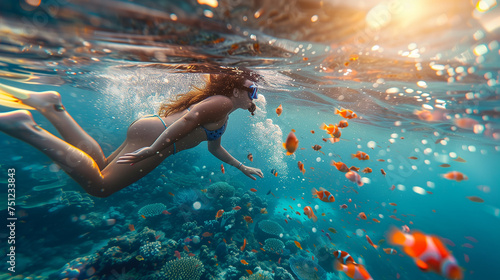 woman snorkeling dive underwater with Nemo fishes in the coral reef Travel lifestyle, swim activity on a summer beach holiday in Thailand photo