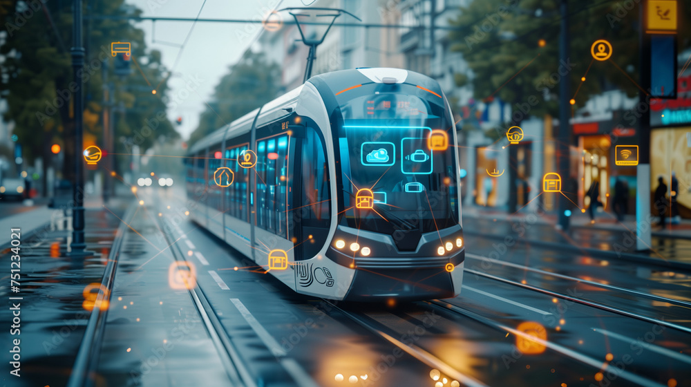 Modern city tram. Public Transportation and Technology Concept. ITS Mobility as a service. digital graphic icons, AI Artificial intelligence transport in a modern smart city