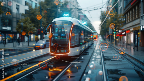 Modern city tram Public Transportation and technology concept. ITS Intelligent Transport Systems. Mobility as a service. digital graphic icons, AI Artificial intelligence transport photo