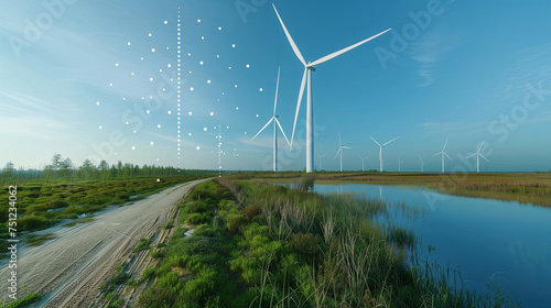 Smart Wind turbinepower plant and technology. Smart grid. Renewable energy. Sustainable resources. smart energy electric network, energy transition