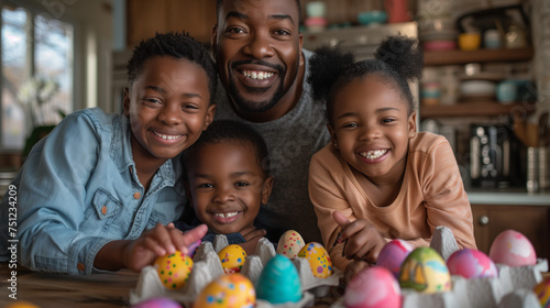  Black Dad with children with easter eggs in the kitchen  smiling kids with easter eggs ready for painting eggs 