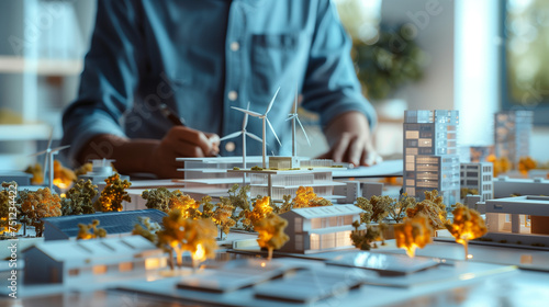 Engineer architect designing models of turbines, solar panels, and clean energy, discussing a clean energy city planning project with building models