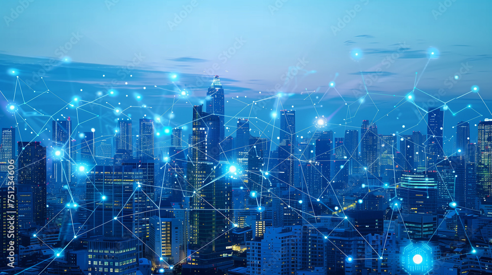 Smart city and abstract dot points connect with gradient lines and aesthetic Intricate wave line design, big data connection technology concept. Smart city and abstract dot points connect with gradient lines and aesthetic Intricate wave line design, big data connection technology concept.