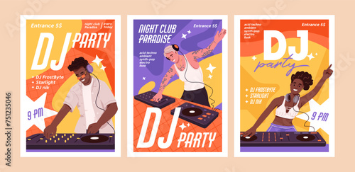 Posters of disco party with disc jockeys in night club. Techno musicians mixing tracks, play electro music with mixer console. Promotion of DJ performance on placards. Flat vector illustrations