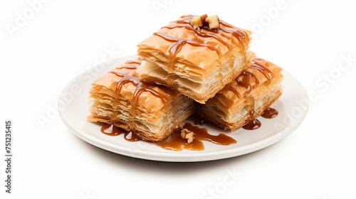 Close-up of a cube of honey golden baklava in a plate on a white isolated background