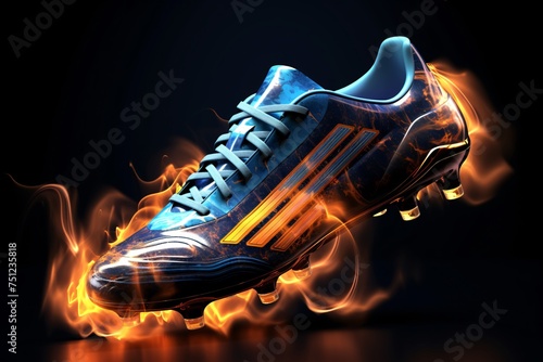 a blue and orange football shoe with flames coming out of it