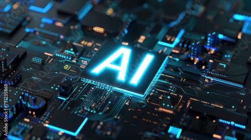 Visual representation of a computer motherboard integrating a processor equipped with AI (Artificial Intelligence) technology. 