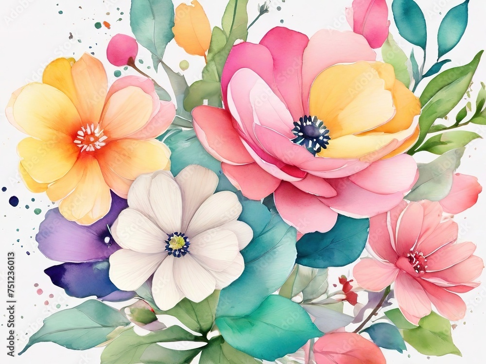 Watercolor floral background with colorful flowers. Hand painted watercolor illustration.