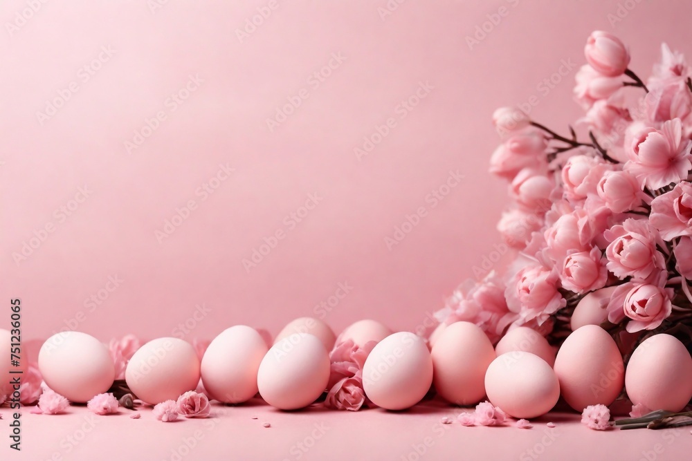 Happy Easter, Easter eggs in soft pink color with pink spring flowers on a clean background