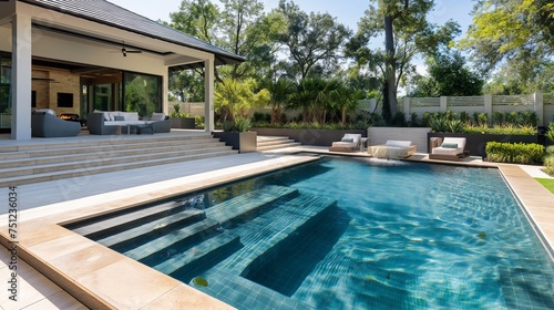 Extravagant leisure unfolds in an HD image of a modern pool  featuring underwater seating and surrounded by upscale landscaping