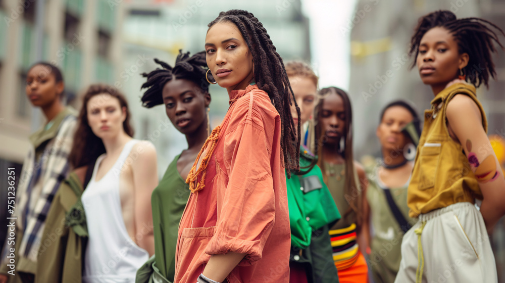 A diverse group of models showcasing eco-friendly fashion on a vibrant street corner A diverse group of models showcasing eco-friendly fashion on a vibrant street corner