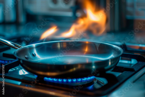 The empty frying pan on the stove with a flame photo
