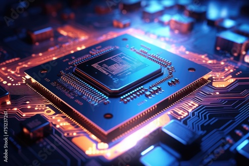 Close up of a CPU chip with glowing circuits. macro shot of electronic circuit board background, Ai generate
