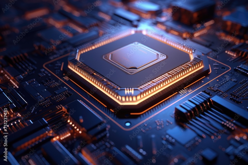 Close up of a CPU chip with glowing circuits. electronic circuit board with glowing lights on it generative ai Close up of a CPU chip with glowing circuits. electronic circuit board with glowing lights on it generative ai