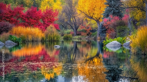 Fiery colors of autumn reflected in a still pond.