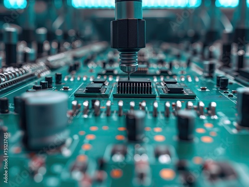 Macro shot of robotic arms placing micro-components on a PCB, showcasing precision in electronic manufacturing.