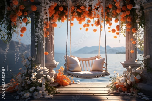a swing with flowers and water in the background