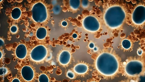Viruses and leukocytes on a blur background under a microscope, Virus Cells flowing concept. Close-up of dissolving virus under microscope, Microscopic view of floating influenza virus cells, cell bio photo