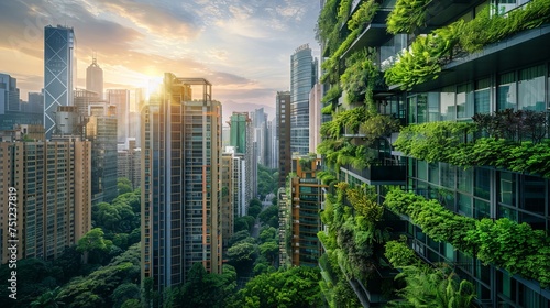 Eco-friendly skyscrapers and cityscape with many trees on each balcony. Modern architecture, vertical gardens, terraces with plants. a green city, featuring skyscrapers enveloped in verdant foliage